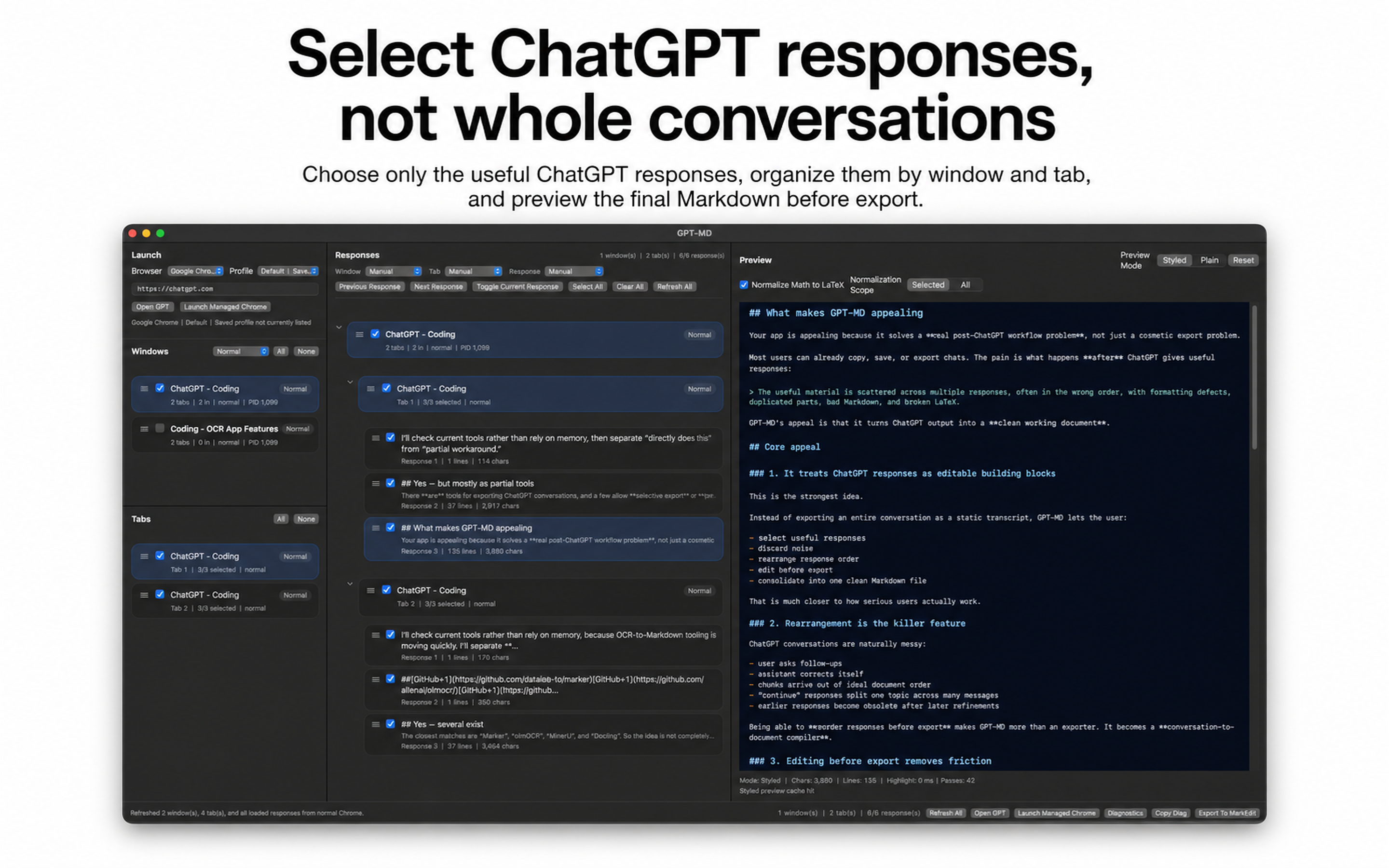 GPT-MD selecting ChatGPT responses and previewing Markdown.