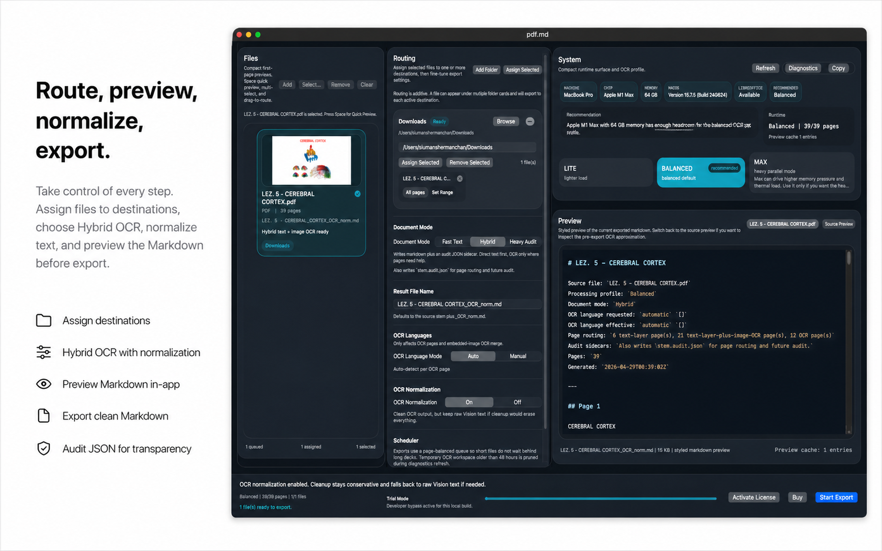 PDF-MD routing, OCR normalization, preview, and export workflow.